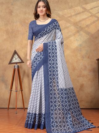 Indigo Blue Geometric Print Saree with Contrast Pallu