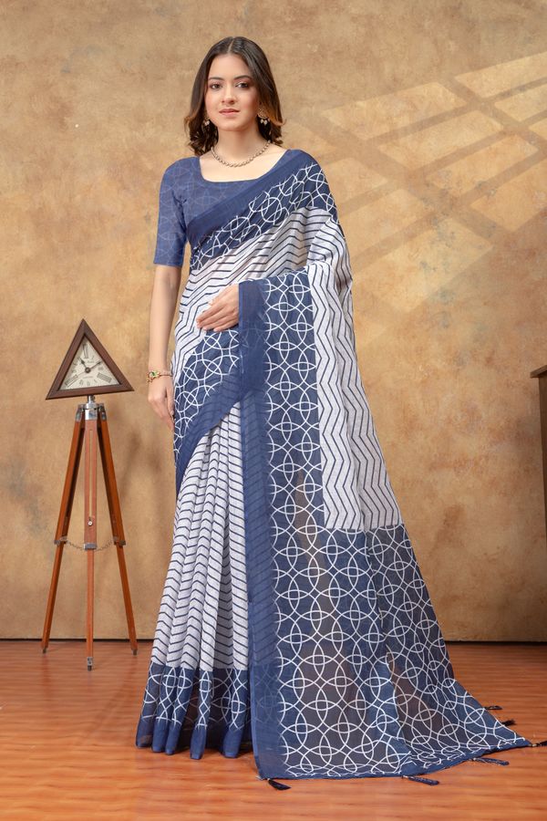 Indigo Blue Geometric Print Saree with Contrast Pallu