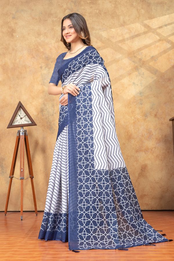 Indigo Blue Geometric Print Saree with Contrast Pallu