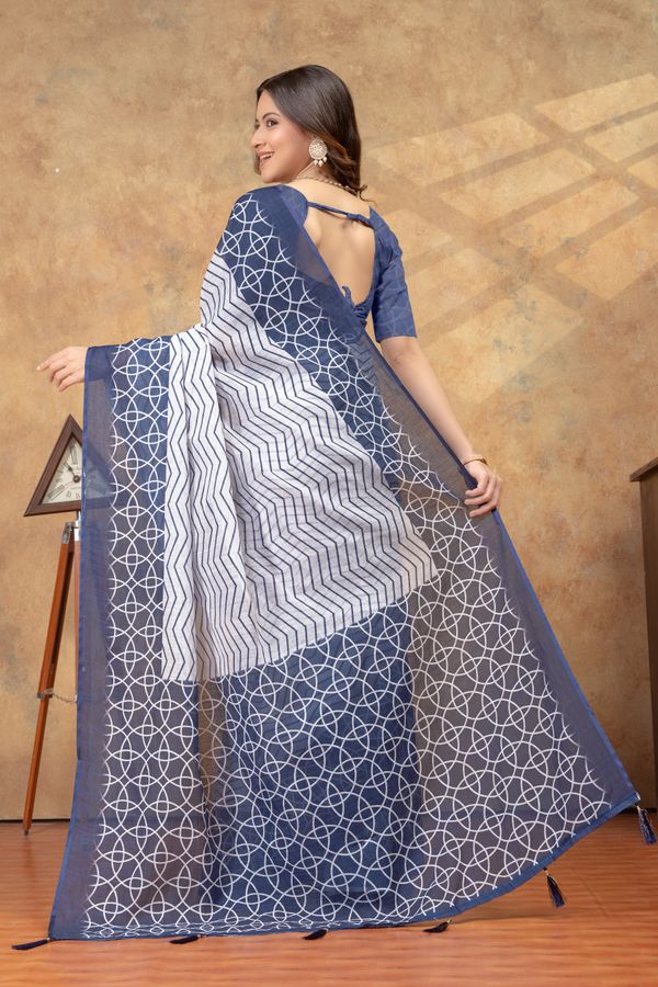Indigo Blue Geometric Print Saree with Contrast Pallu