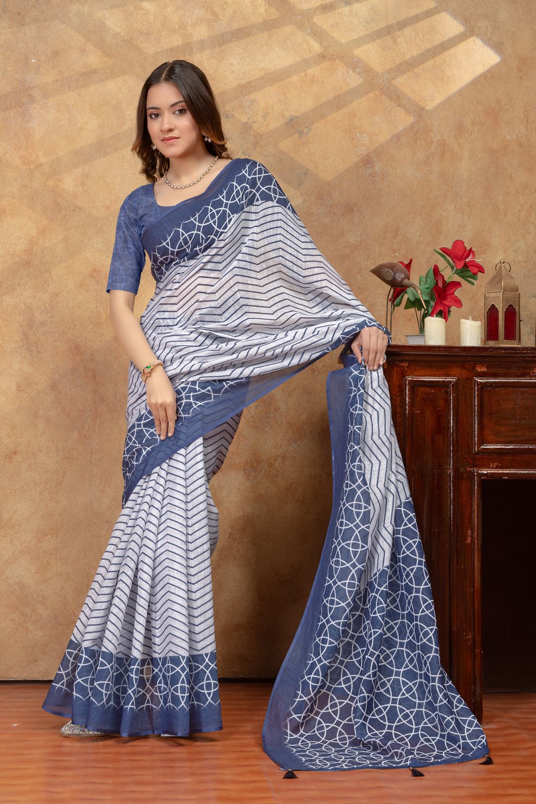 Indigo Blue Geometric Print Saree with Contrast Pallu
