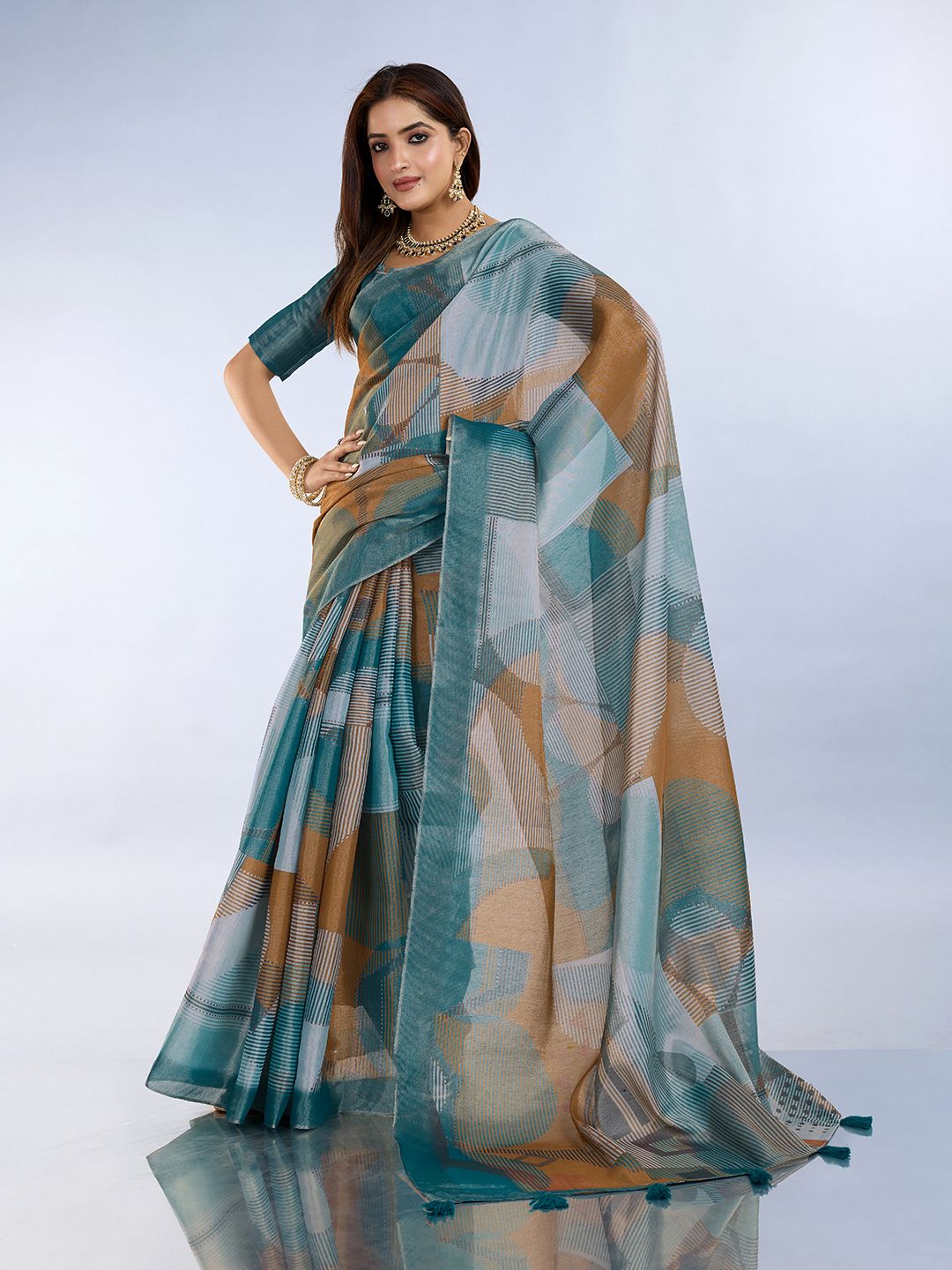 Teal Erode Cotton Abstract Saree with Geometric Stripe Arts