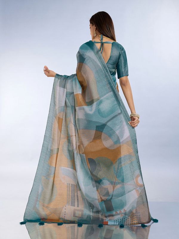 Teal Erode Cotton Abstract Saree with Geometric Stripe Arts