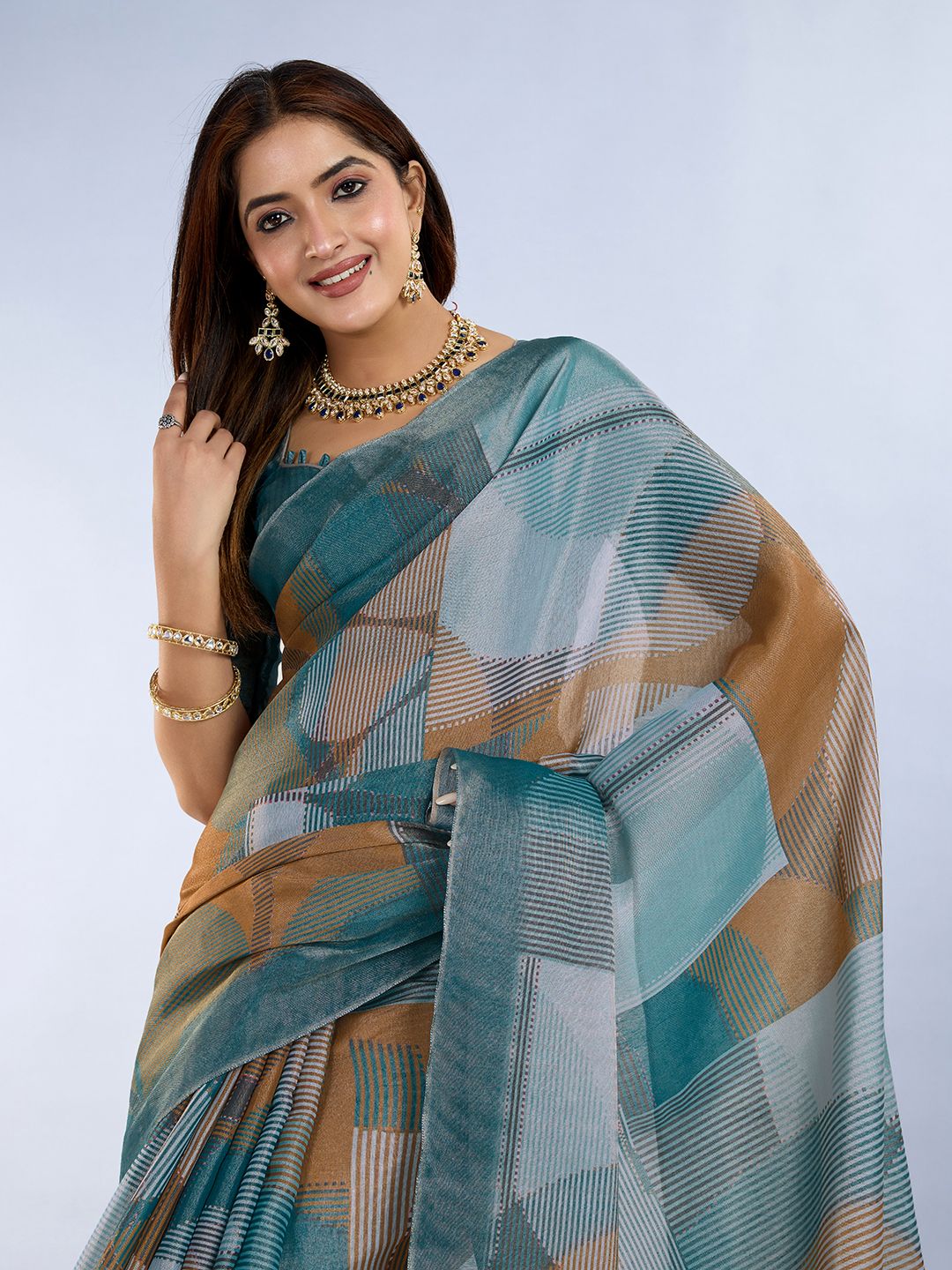 Teal Erode Cotton Abstract Saree with Geometric Stripe Arts