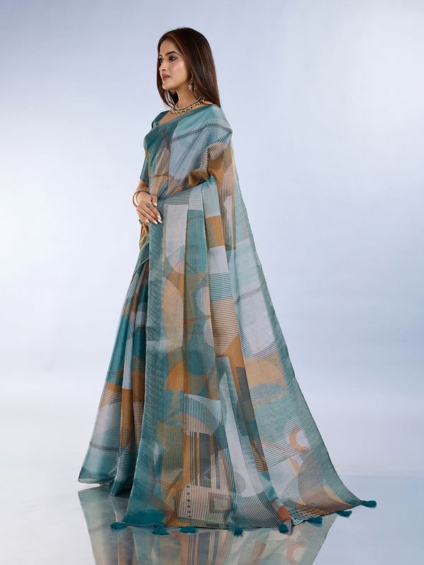 Teal Erode Cotton Abstract Saree with Geometric Stripe Arts