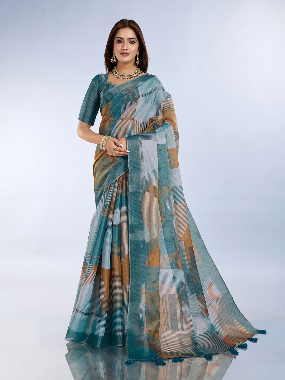 Teal Erode Cotton Abstract Saree with Geometric Stripe Arts