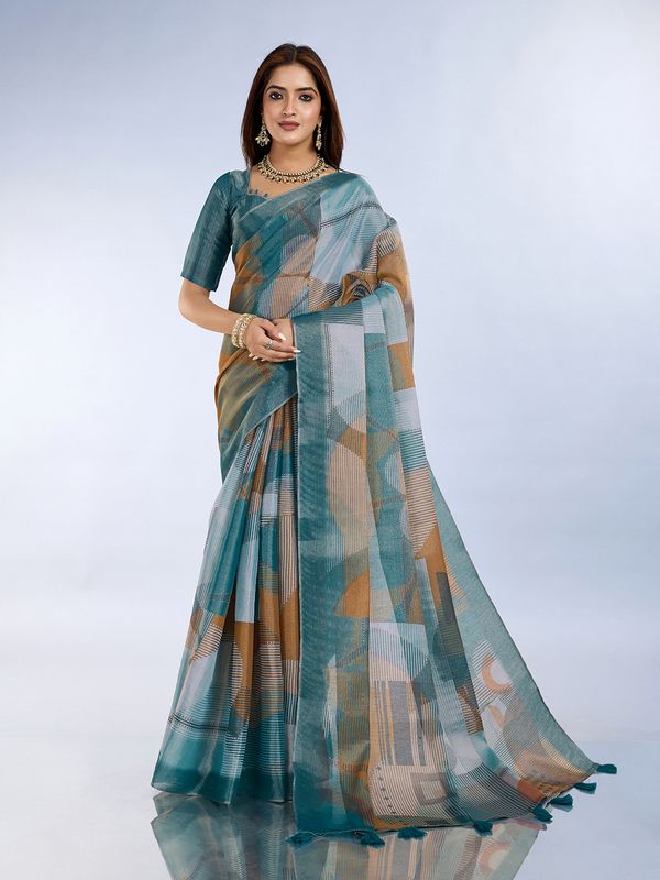 Teal Erode Cotton Abstract Saree with Geometric Stripe Arts