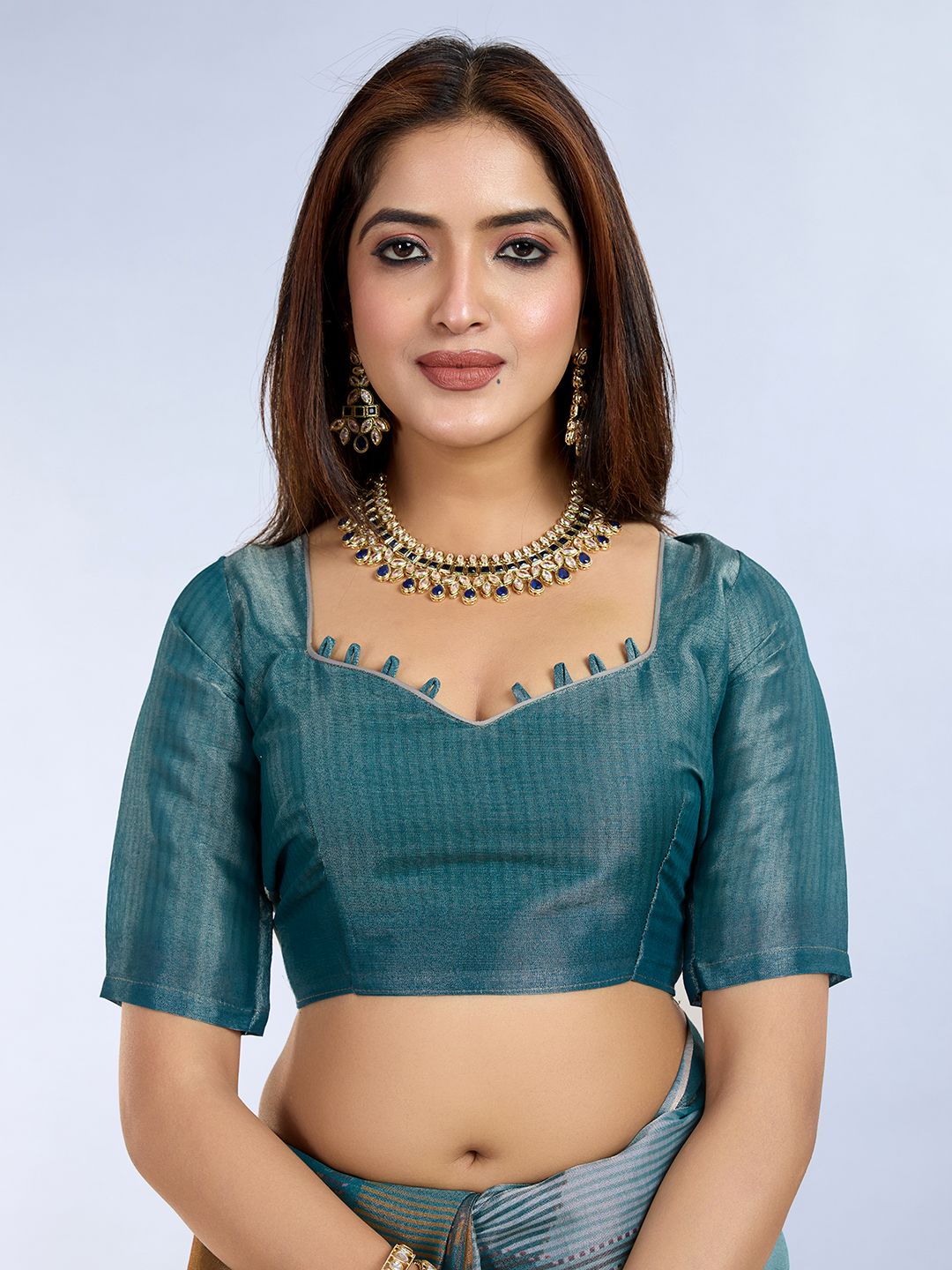 Teal Erode Cotton Abstract Saree with Geometric Stripe Arts