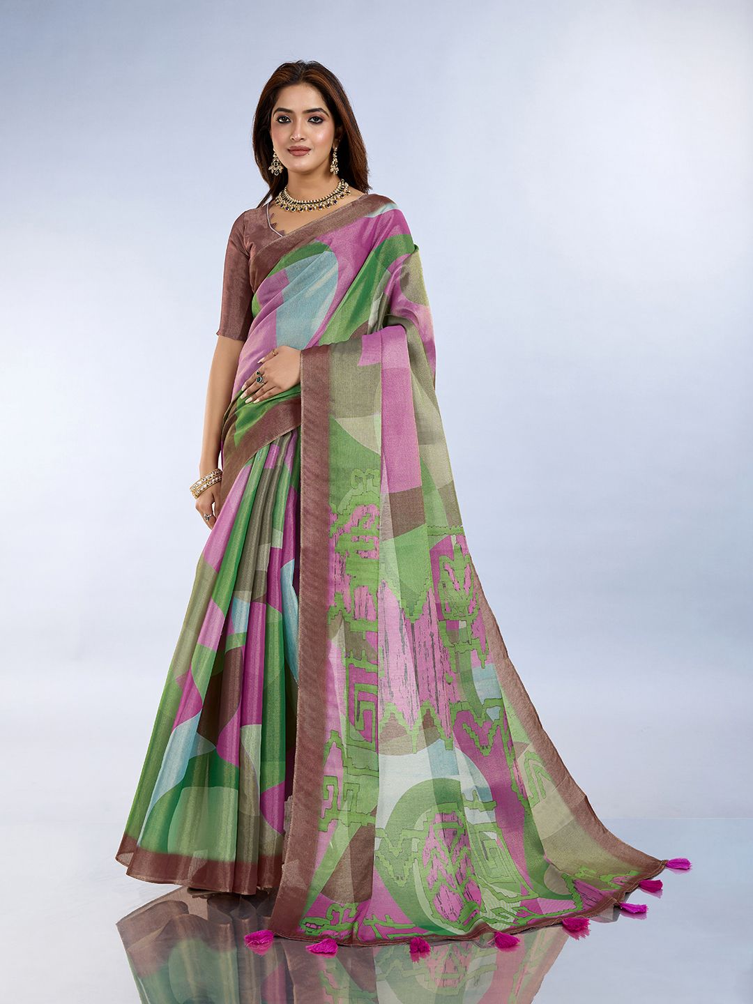 Green Pink Erode Cotton Abstract Saree with Artistic Border