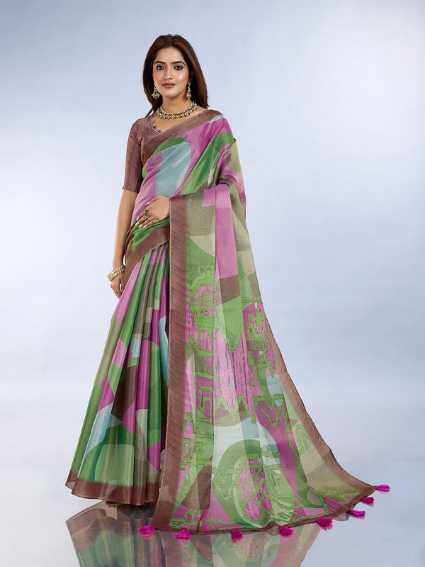 Green Pink Erode Cotton Abstract Saree with Artistic Border