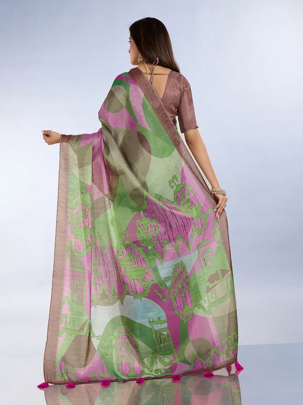 Green Pink Erode Cotton Abstract Saree with Artistic Border