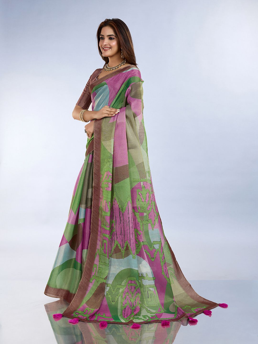 Green Pink Erode Cotton Abstract Saree with Artistic Border