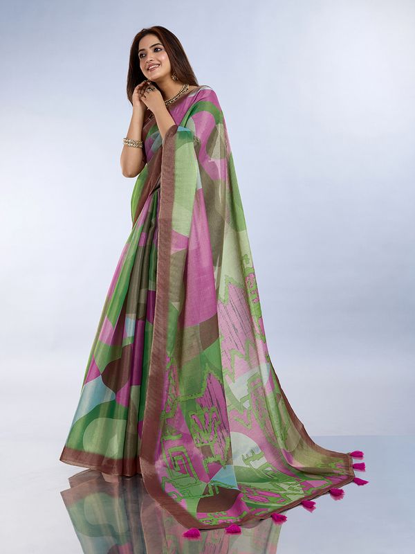 Green Pink Erode Cotton Abstract Saree with Artistic Border