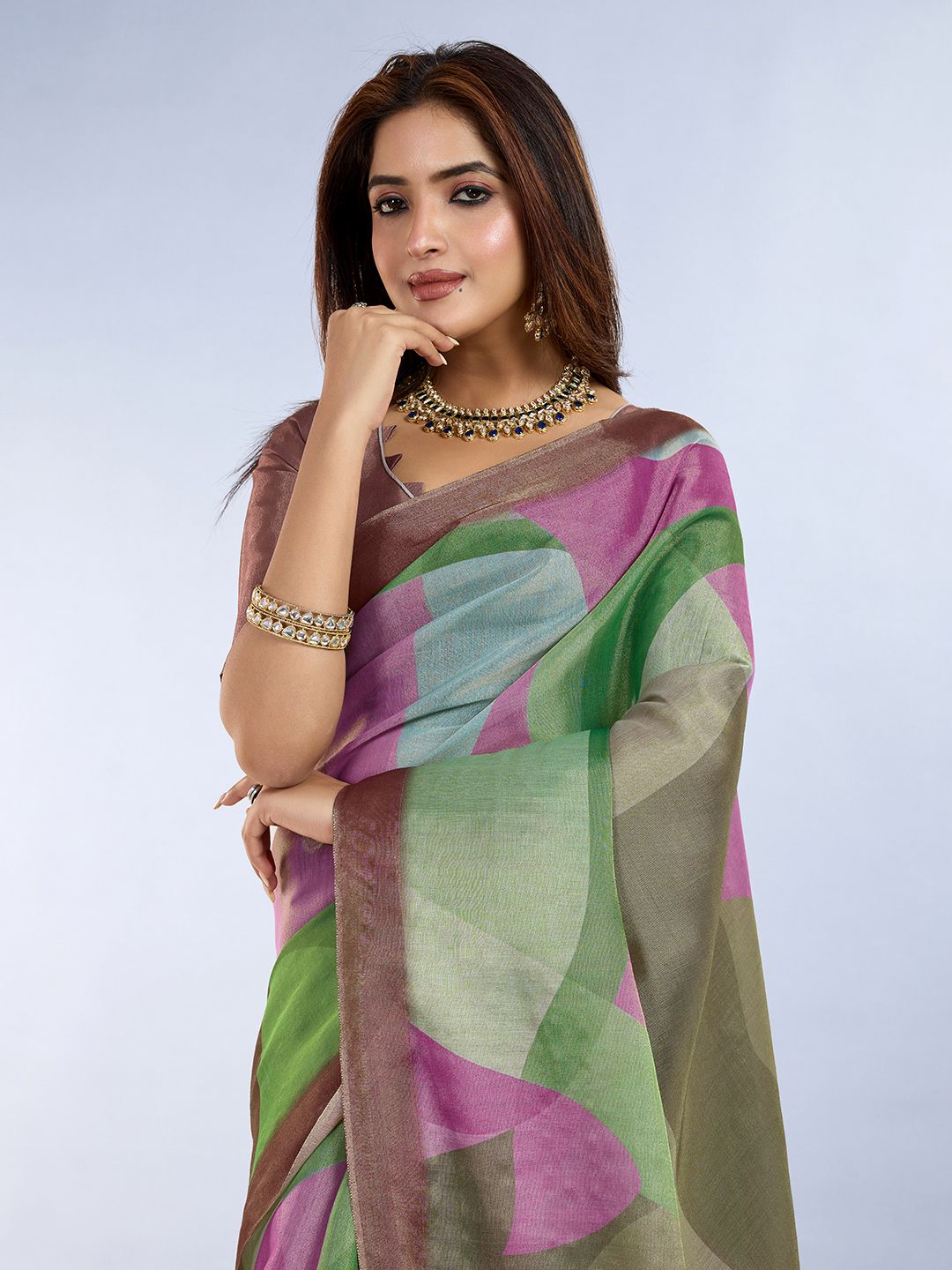Green Pink Erode Cotton Abstract Saree with Artistic Border