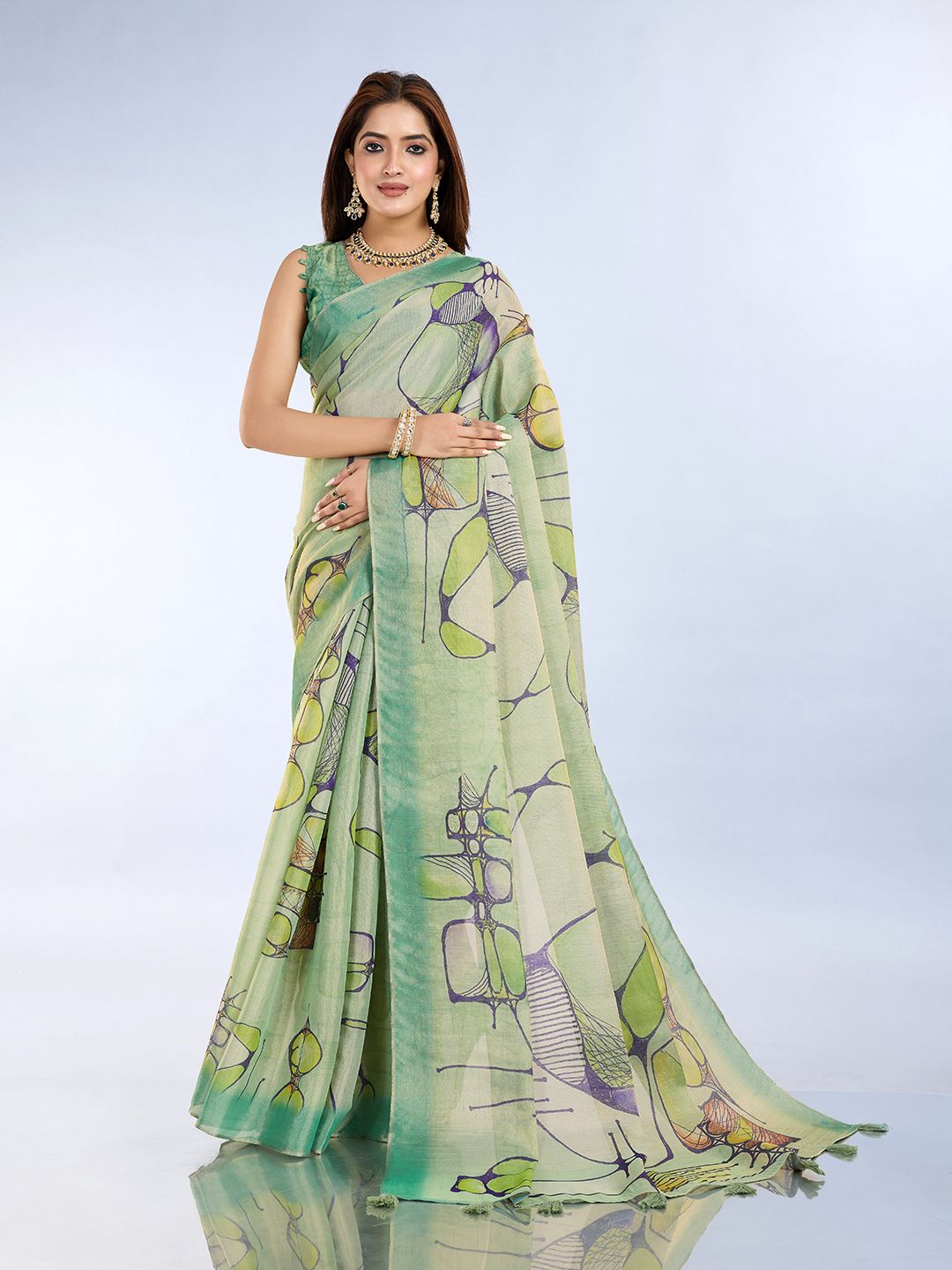 Sea Green Abstract Print Erode Cotton Saree with Blouse Set