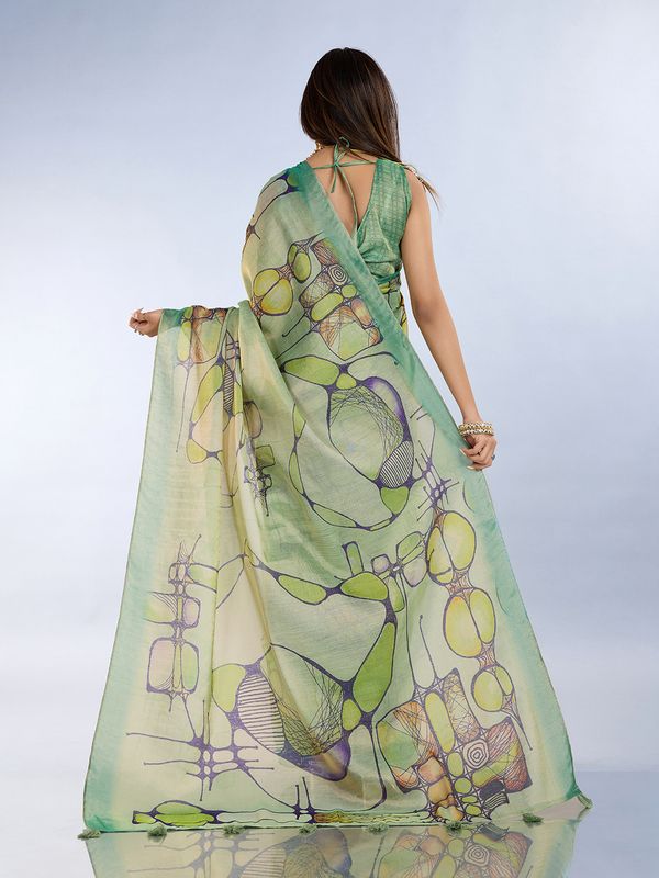 Sea Green Abstract Print Erode Cotton Saree with Blouse Set