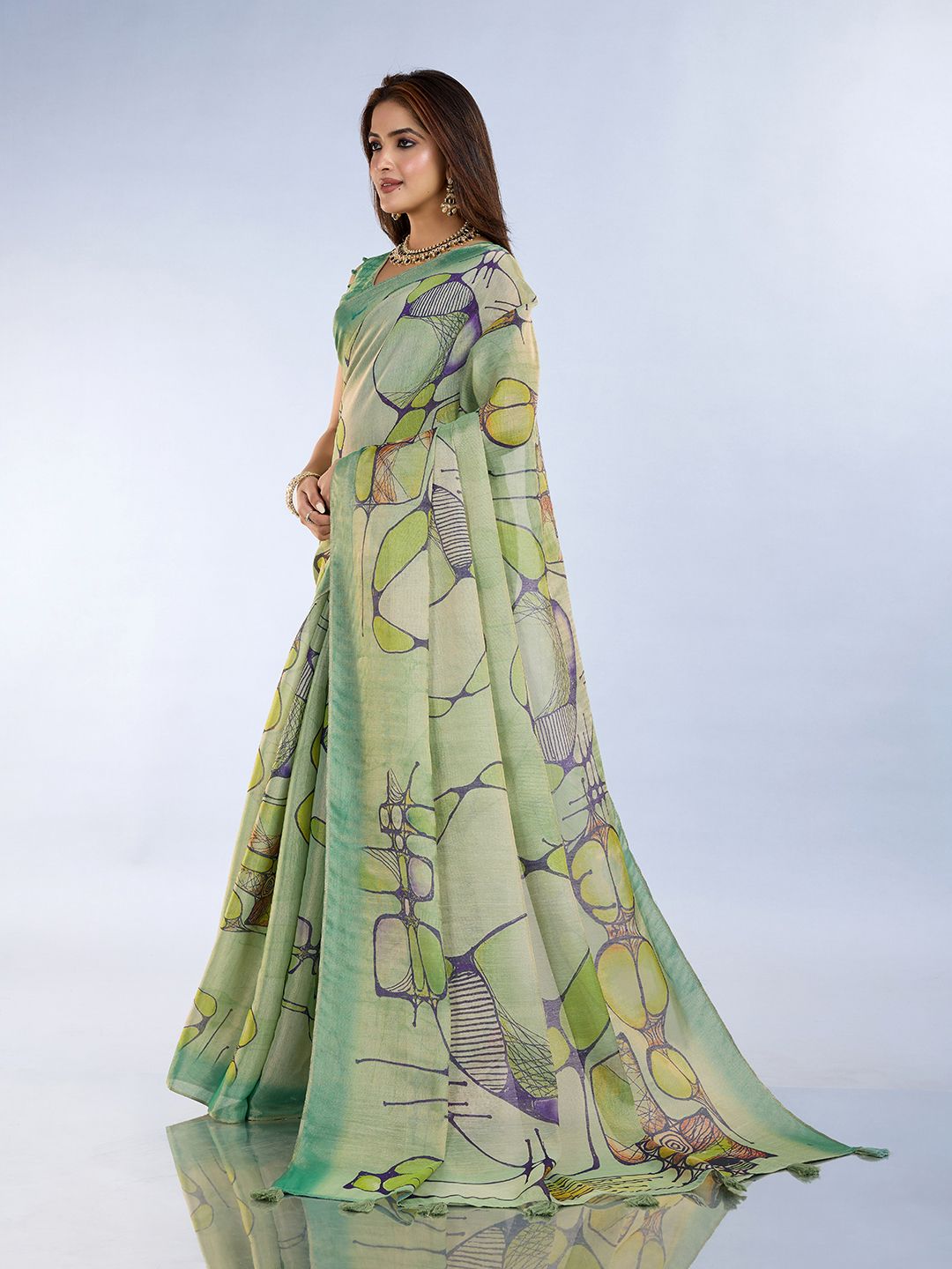 Sea Green Abstract Print Erode Cotton Saree with Blouse Set