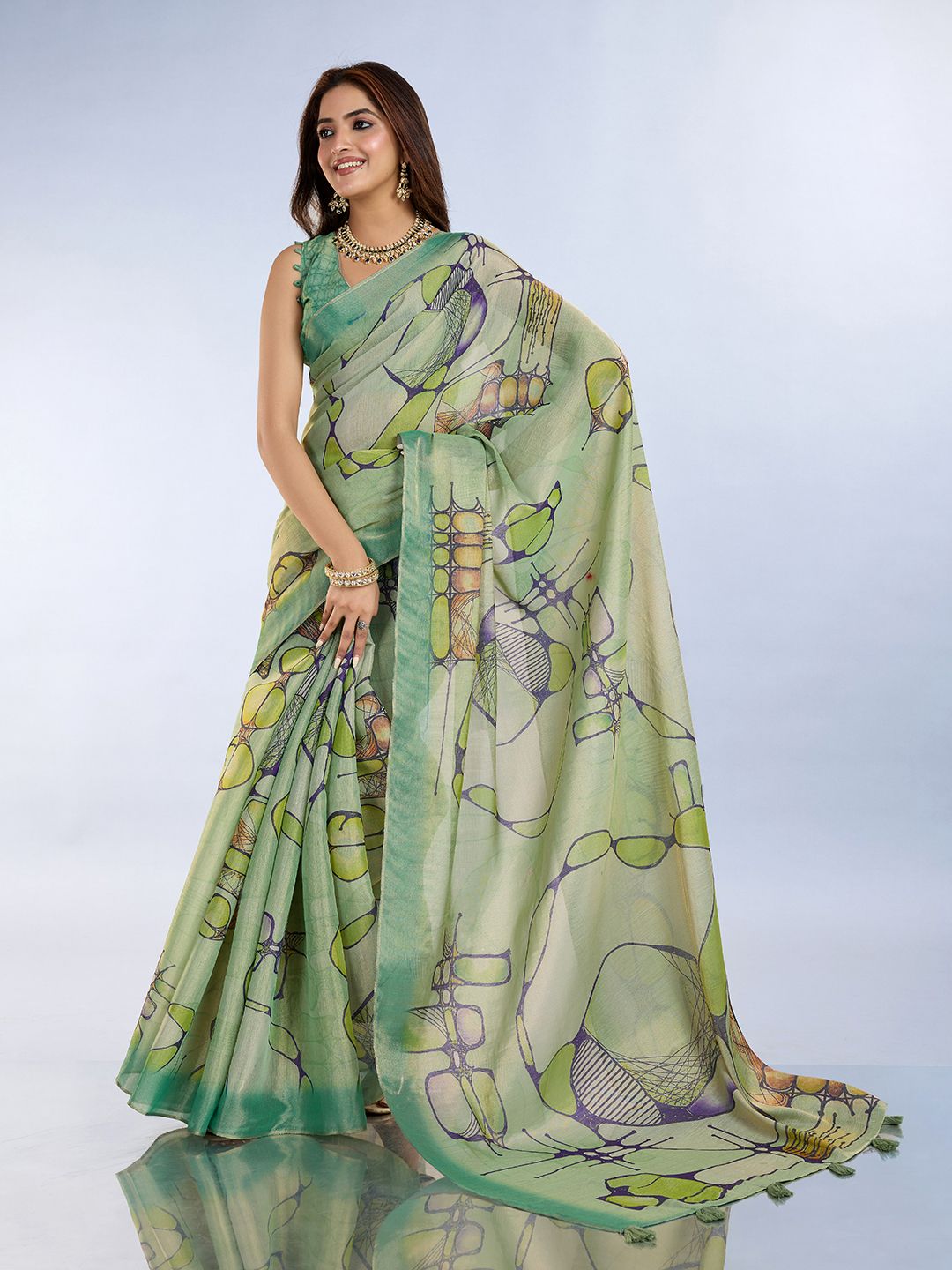 Sea Green Abstract Print Erode Cotton Saree with Blouse Set