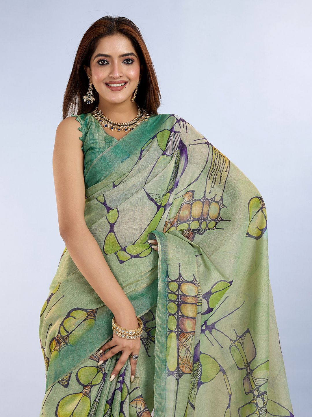 Sea Green Abstract Print Erode Cotton Saree with Blouse Set