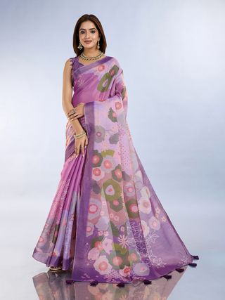 Elegant Lilac Floral Erode Cotton Saree with Contrast Pallu
