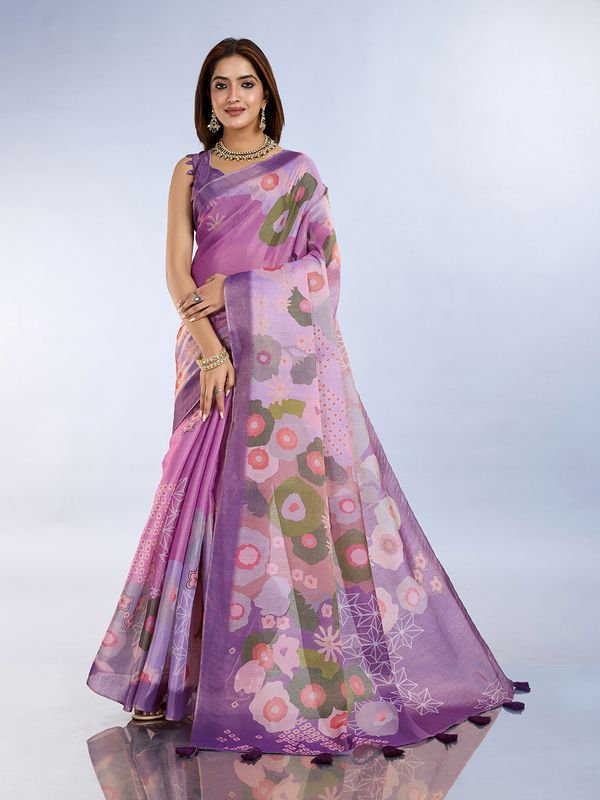 Elegant Lilac Floral Erode Cotton Saree with Contrast Pallu