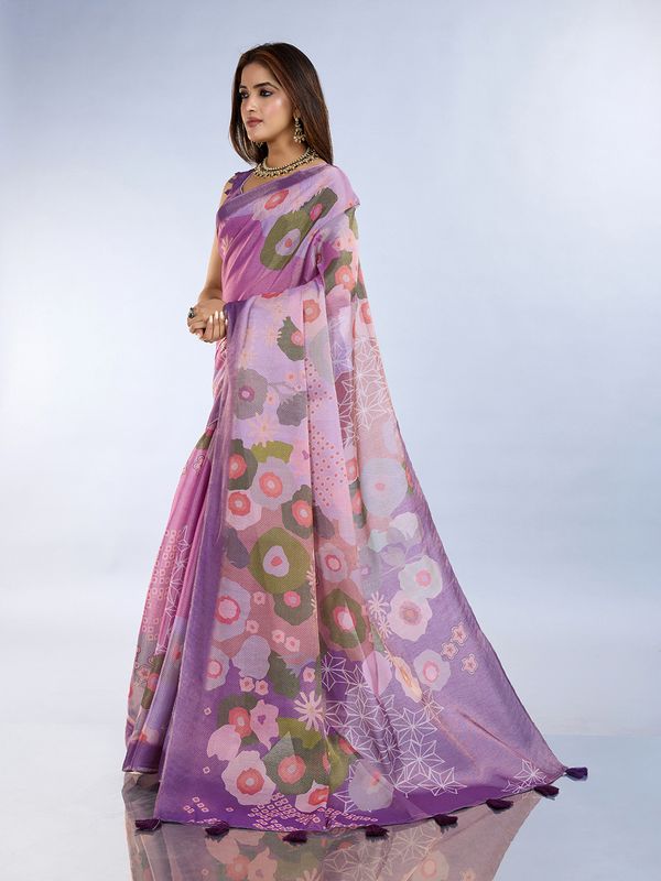 Elegant Lilac Floral Erode Cotton Saree with Contrast Pallu