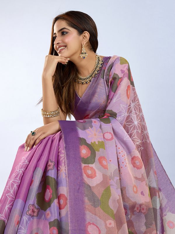 Elegant Lilac Floral Erode Cotton Saree with Contrast Pallu
