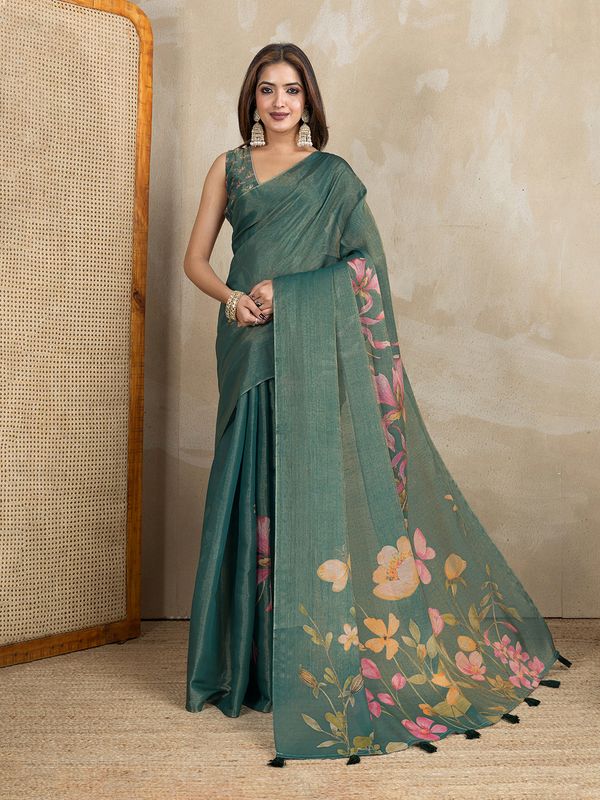 Teal Erode Cotton Floral Saree with Statement Printed Pallu