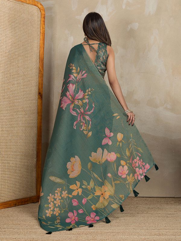 Teal Erode Cotton Floral Saree with Statement Printed Pallu