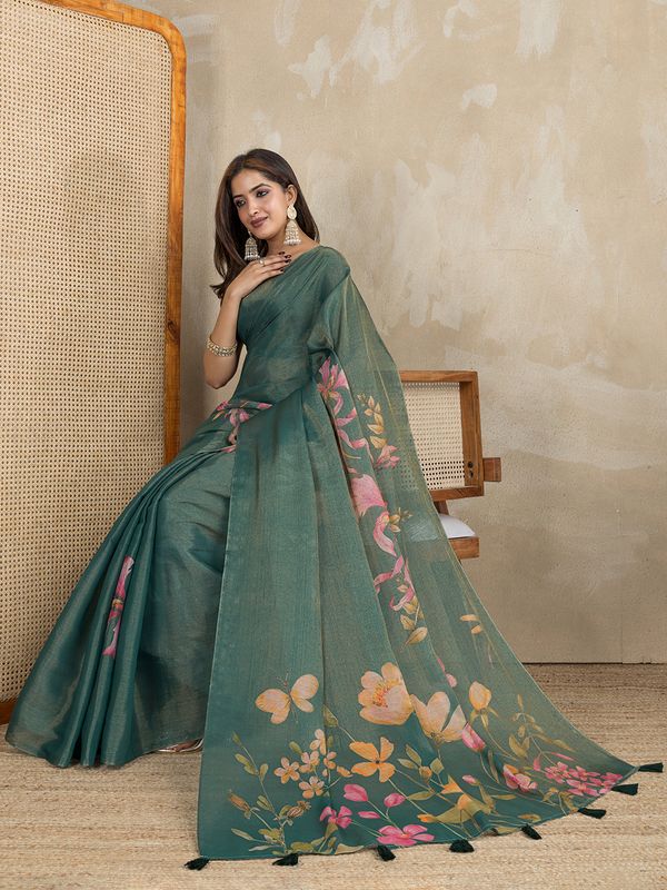 Teal Erode Cotton Floral Saree with Statement Printed Pallu