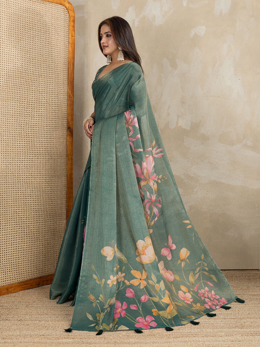 Teal Erode Cotton Floral Saree with Statement Printed Pallu
