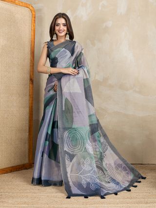 Teal Erode Cotton Floral Saree with Statement Printed Pallu