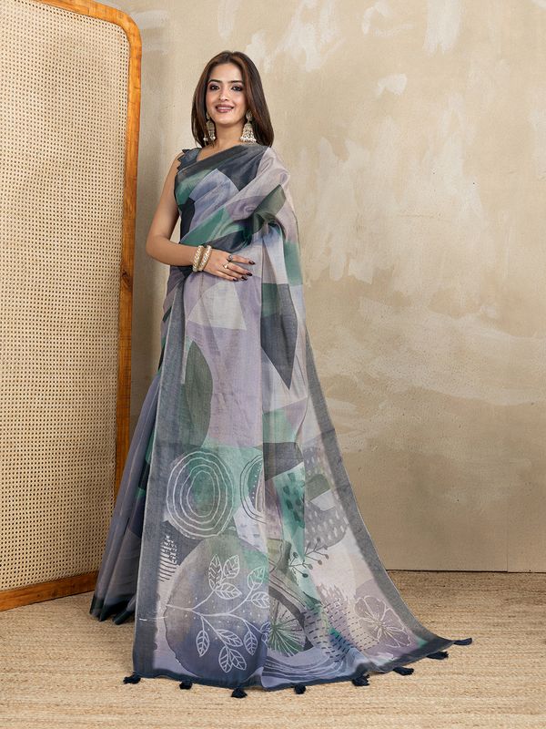 Teal Erode Cotton Floral Saree with Statement Printed Pallu