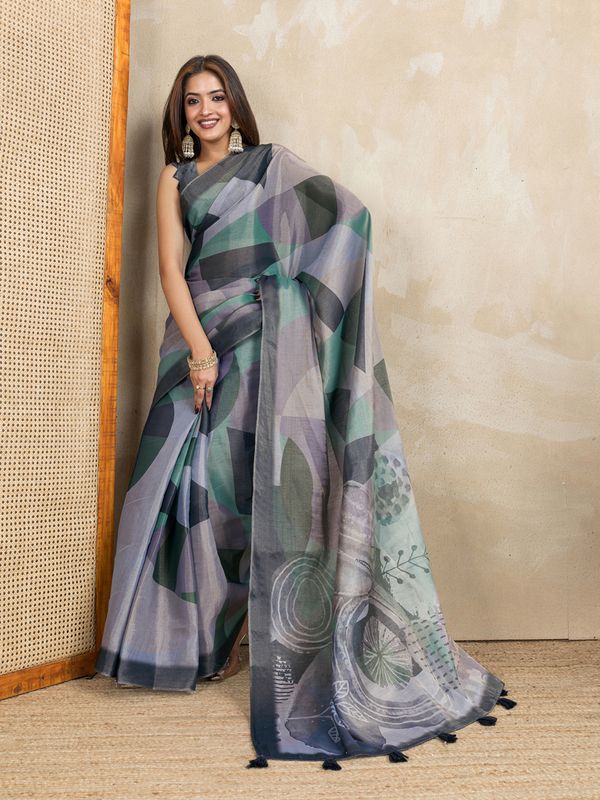 Teal Erode Cotton Floral Saree with Statement Printed Pallu