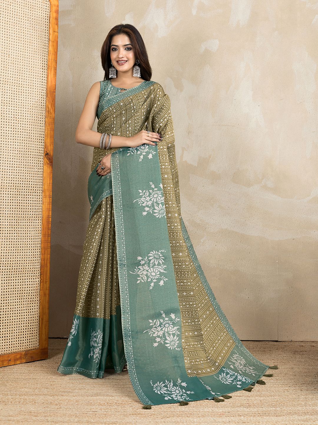 Olive Green Erode Cotton Geometric Floral Saree