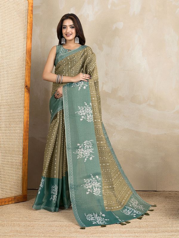 Olive Green Erode Cotton Geometric Floral Saree