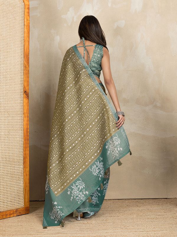 Olive Green Erode Cotton Geometric Floral Saree