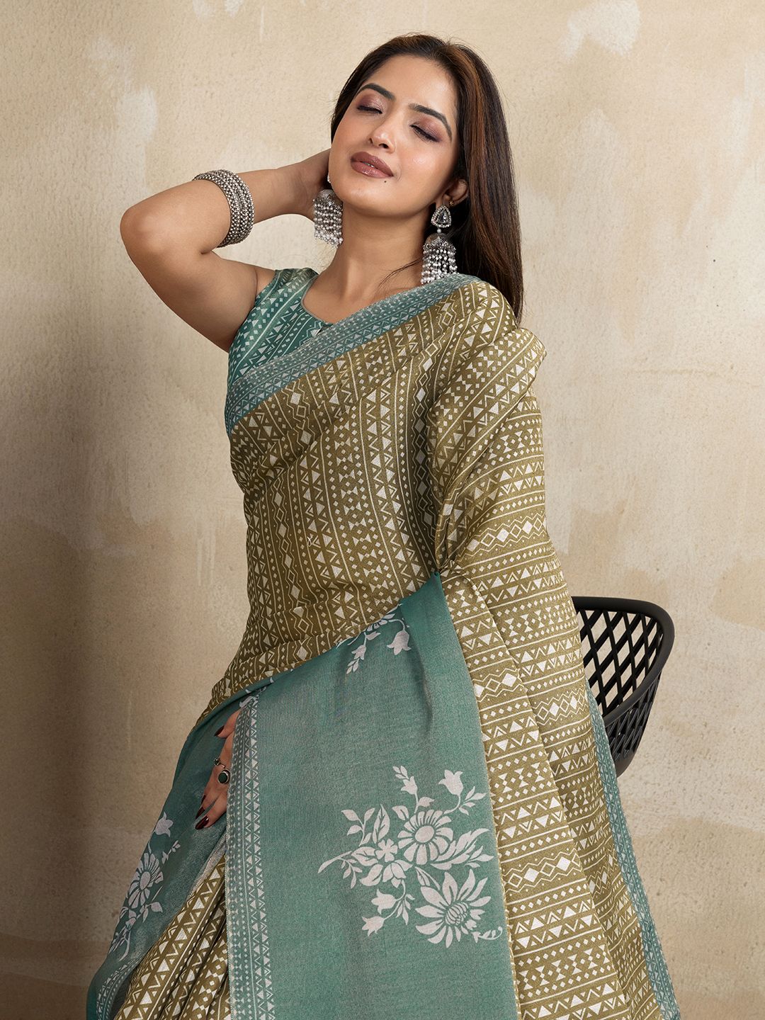 Olive Green Erode Cotton Geometric Floral Saree