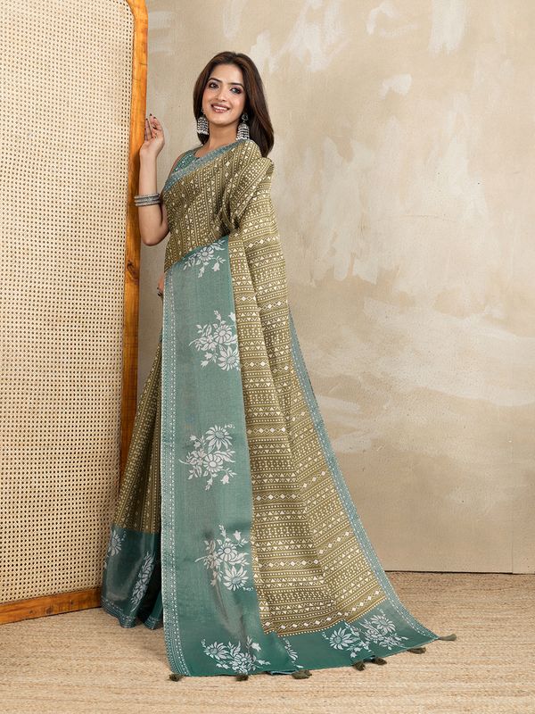 Olive Green Erode Cotton Geometric Floral Saree