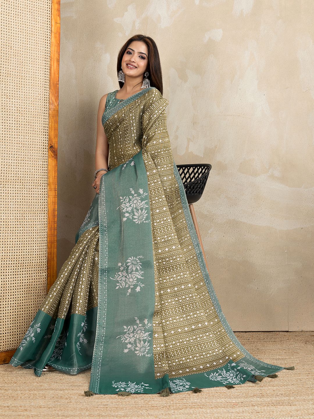 Olive Green Erode Cotton Geometric Floral Saree