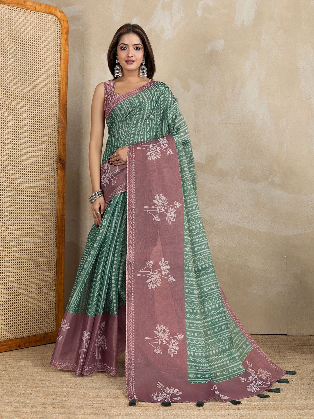Buy Sage Green Erode Cotton Floral Print Saree Online