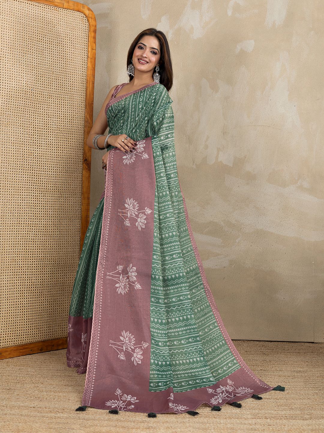 Buy Sage Green Erode Cotton Floral Print Saree Online
