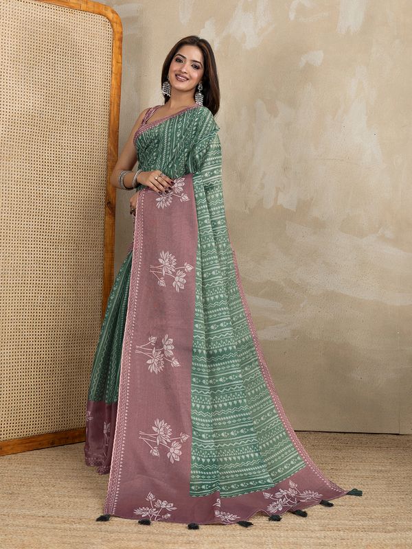 Buy Sage Green Erode Cotton Floral Print Saree Online