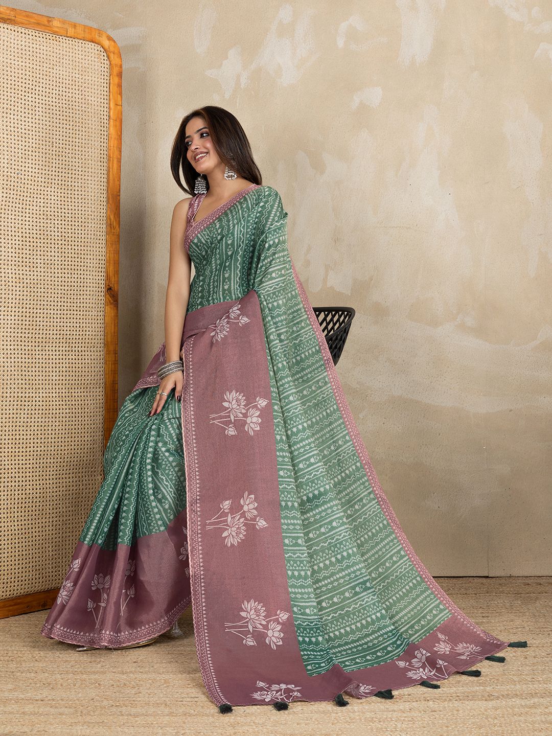 Buy Sage Green Erode Cotton Floral Print Saree Online