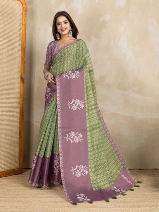 Olive Green Erode Cotton Saree with Mauve Floral Pallu Look