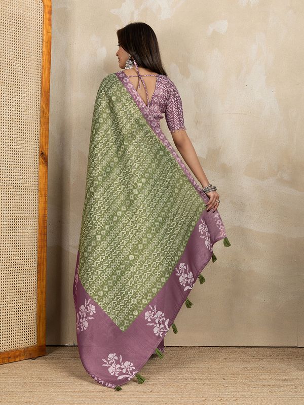 Olive Green Erode Cotton Saree with Mauve Floral Pallu Look