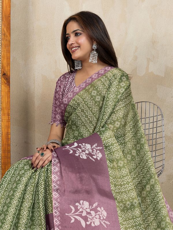 Olive Green Erode Cotton Saree with Mauve Floral Pallu Look