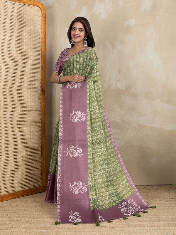 Olive Green Erode Cotton Saree with Mauve Floral Pallu Look
