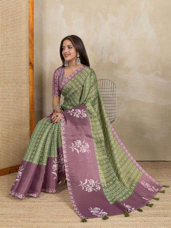 Olive Green Erode Cotton Saree with Mauve Floral Pallu Look