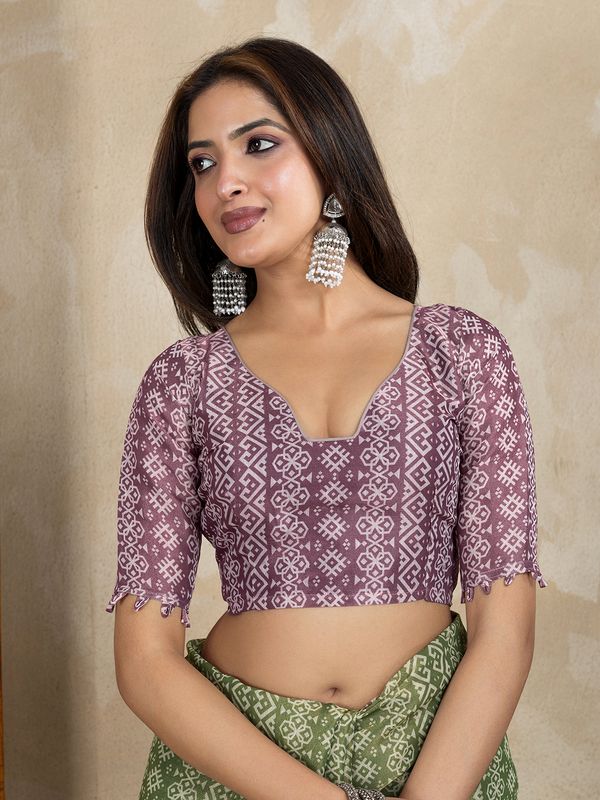 Olive Green Erode Cotton Saree with Mauve Floral Pallu Look